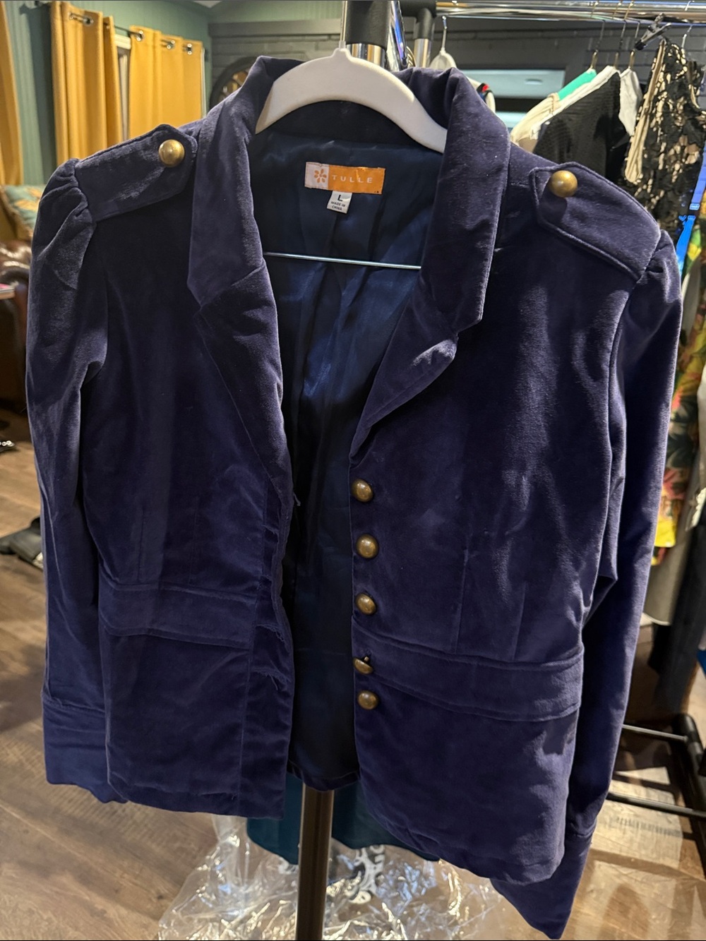 Tulle Deep Navy Velvet Military Jacket with Brass Buttons